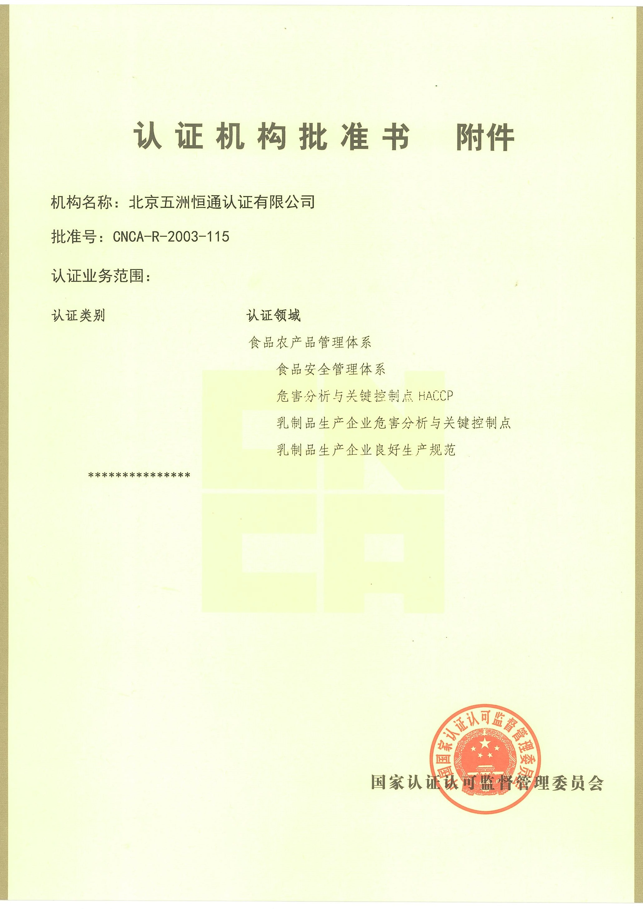 認(rèn)證機構(gòu)批準(zhǔn)書附件2